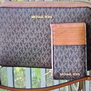 NEW Michael Kors Crossbody Messenger Handbag Purse Brown Mk Bag/card case Wallet